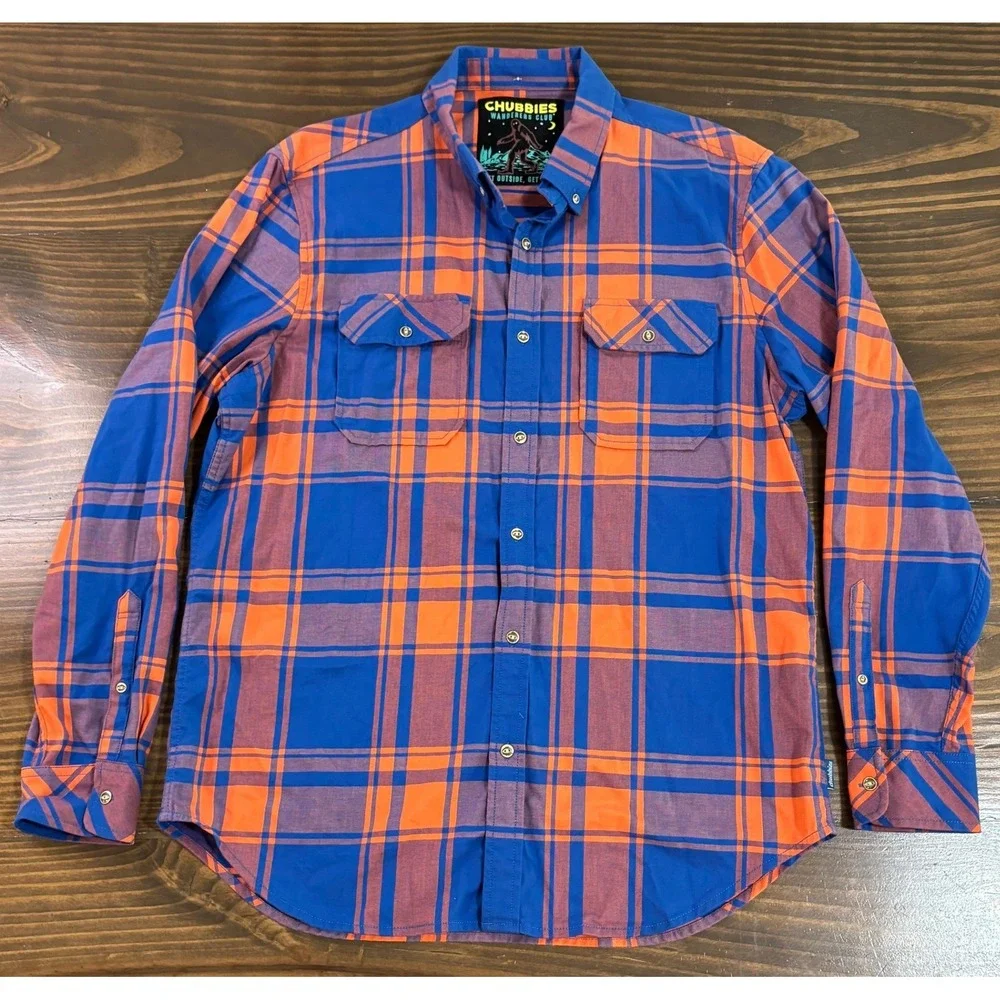 Chubbies Wanderers Club Mens XL Plaid Button Down Shirt Blue Orange Bigfoot - Picture 4 of 10